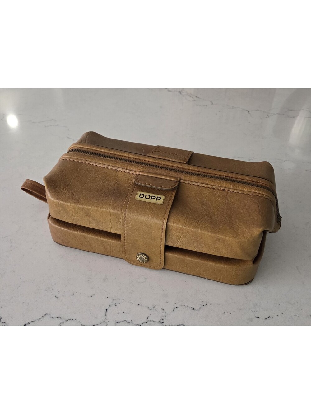 Vintage Dopp Full Grain Leather Expandable Toiletry Shaving Bag 10” Tan Brown